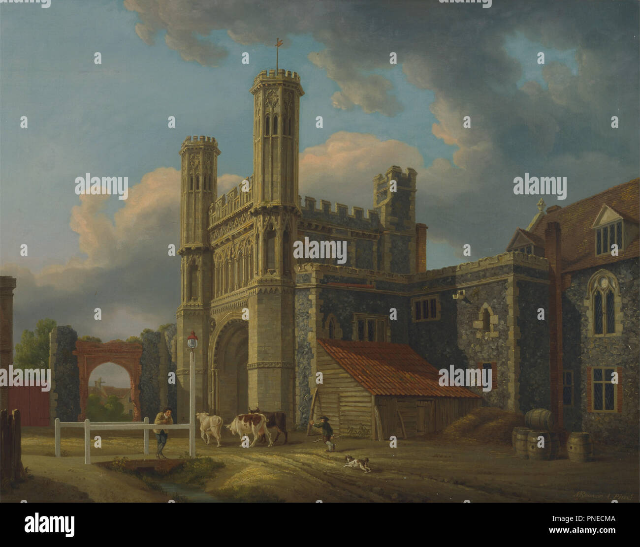 Sant'Agostino's Gate, Canterbury. Data/Periodo: ca. 1778. La pittura. Olio su tela. Altezza: 699 mm (27,51 in); larghezza: 895 mm (35.23 in). Autore: Michael Rooker ANGELO. Foto Stock