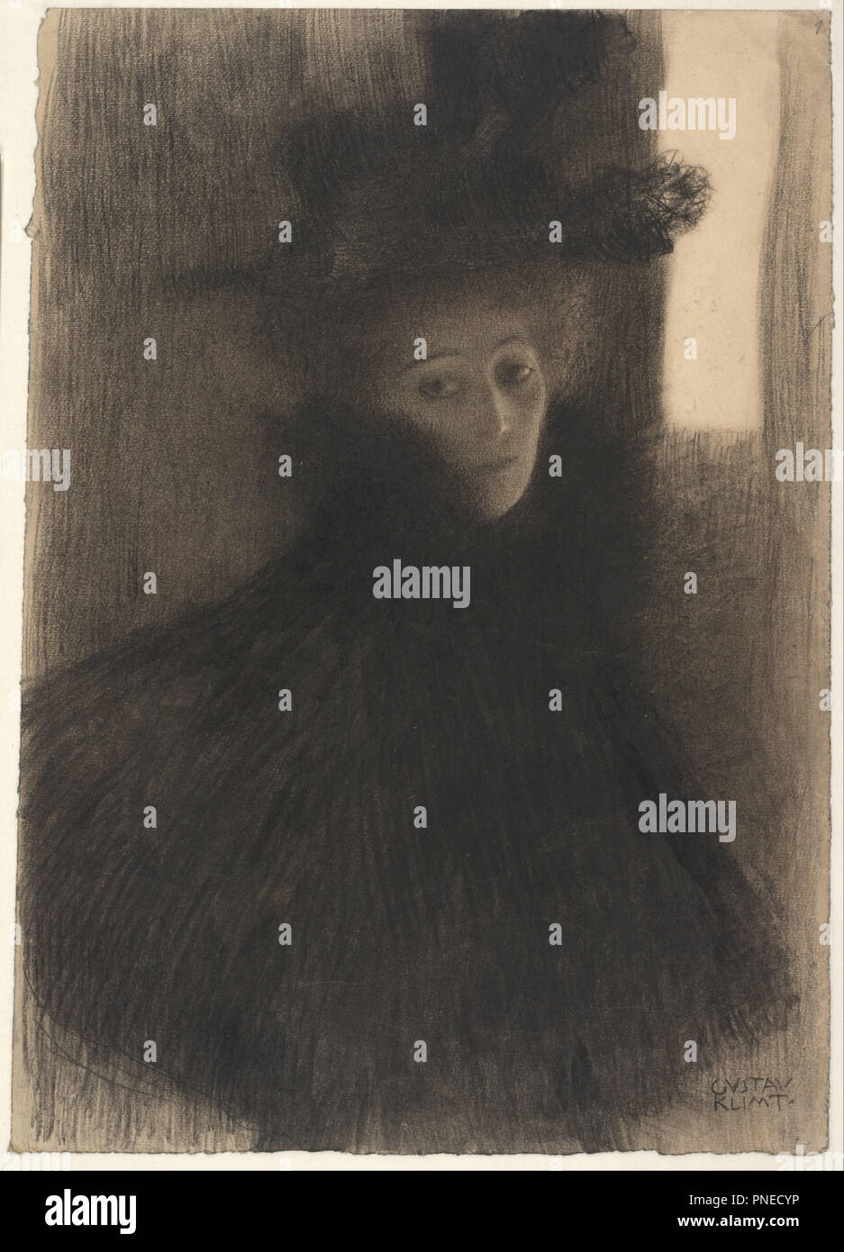 Ritratto di una donna con il capo e Hat, 1897-1898. Data/Periodo: ca. 1897-1898. Disegno. Gesso nero e sanguigna su carta. Autore: Gustav Klimt. KLIMT, GUSTAV. Foto Stock
