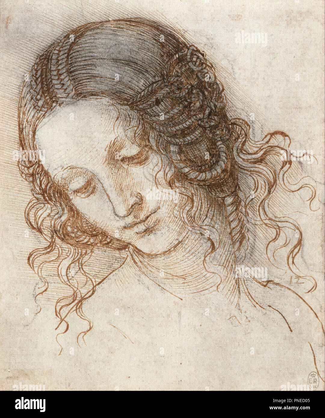 Testa di Leda. Data/Periodo: ca.1504 - ca.1506. Disegno. Penna e inchiostro su gesso nero su carta. Altezza: 177 mm (6,96 in); larghezza: 147 mm (5,78 in). Autore: LEONARDO DA VINCI. Foto Stock