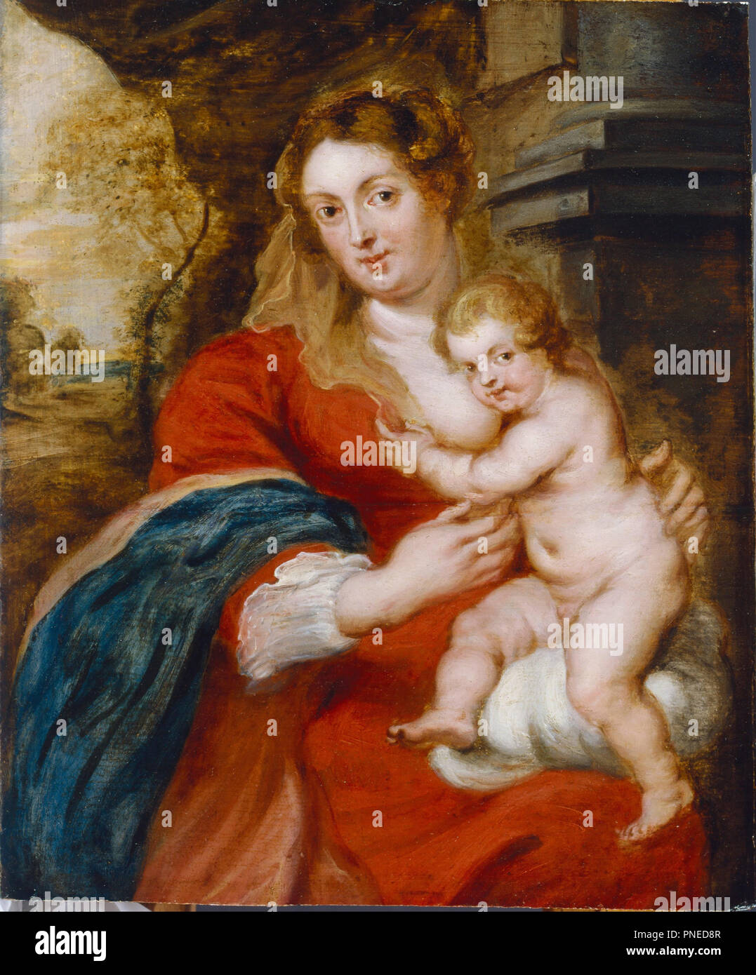 La Madonna e il bambino. Data/Periodo: del xvii secolo. La pittura. Olio su pannello di olio. Altezza: 321 mm (12,63 in); larghezza: 267 mm (10.51 in). Autore: Modo di Rubens, Sir Peter Paul. PETER Paul Rubens. Foto Stock