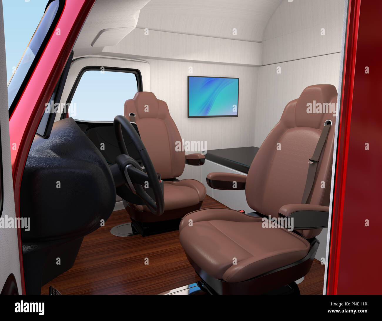 Carrello autonomo interno con sedili marrone e monitor a parete, full size. Il rendering 3D'immagine. Foto Stock