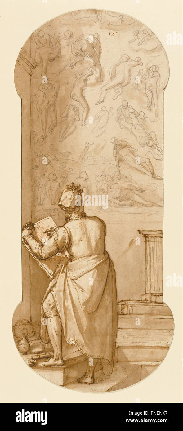 Taddeo nella Cappella Sistina Michelangelo disegno 'ultimo giudizio'. Data/Periodo: ca. 1595. Disegno. Penna e inchiostro bruno, spazzola marrone con lavaggio, oltre gesso nero e tocchi di gesso rosso. Altezza: 419 mm (16.49 in); larghezza: 177 mm (6,96 in). Autore: Federico Zuccaro. Foto Stock