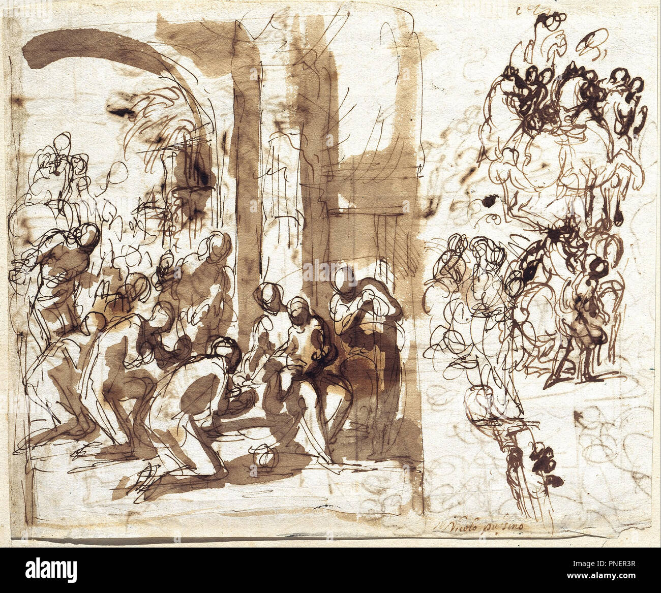 L Adorazione dei Magi. Data/Periodo: 1628. Penna e inchiostro marrone, marrone wash. Feder in Braun, Braun laviert. Altezza: 194 mm (7,63 in); larghezza: 239 mm (9.40 in). Autore: Charles-Alphonse Dufresnoy. Foto Stock