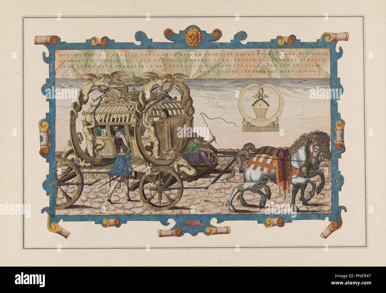 La piastra 17 dal Theatrum instrumentorum et machinarum da Jacques Besson. Data/Periodo: dopo il 1578. Stampa. Incisione su off-white carta vergata; pennello e acquerello, gouache e vernice dorata, tagliata fuori e fissate su tan carta intessuta. Autore: Jacques Androuet Ducerceau. Foto Stock