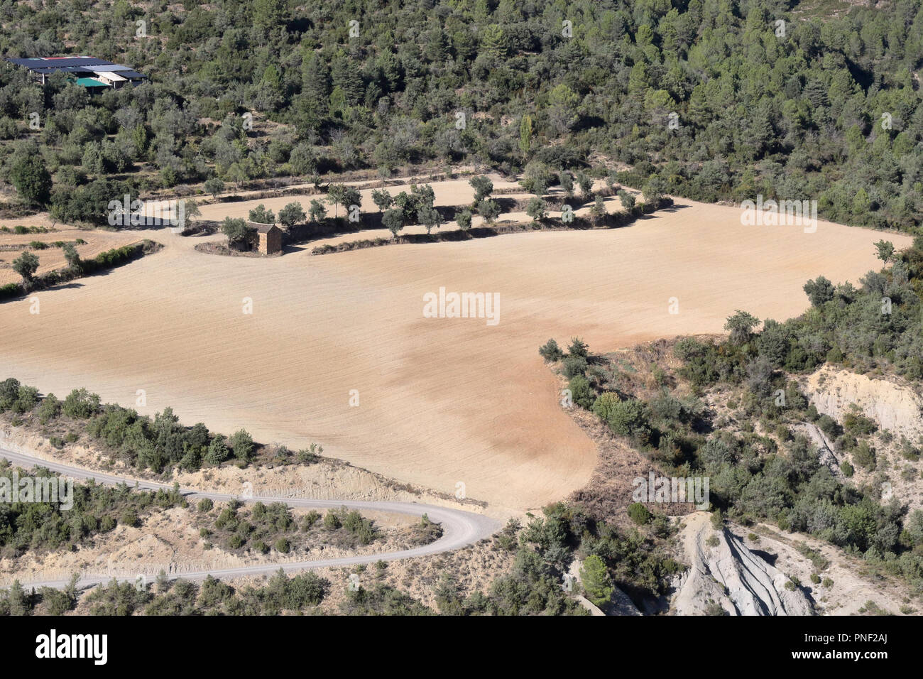 Un paesaggio coltivato, arare i campi gialli per la coltivazione, all'interno di una fitta foresta e le montagne come visto dal castello del mondo rurale Boltaña, Spagna Foto Stock