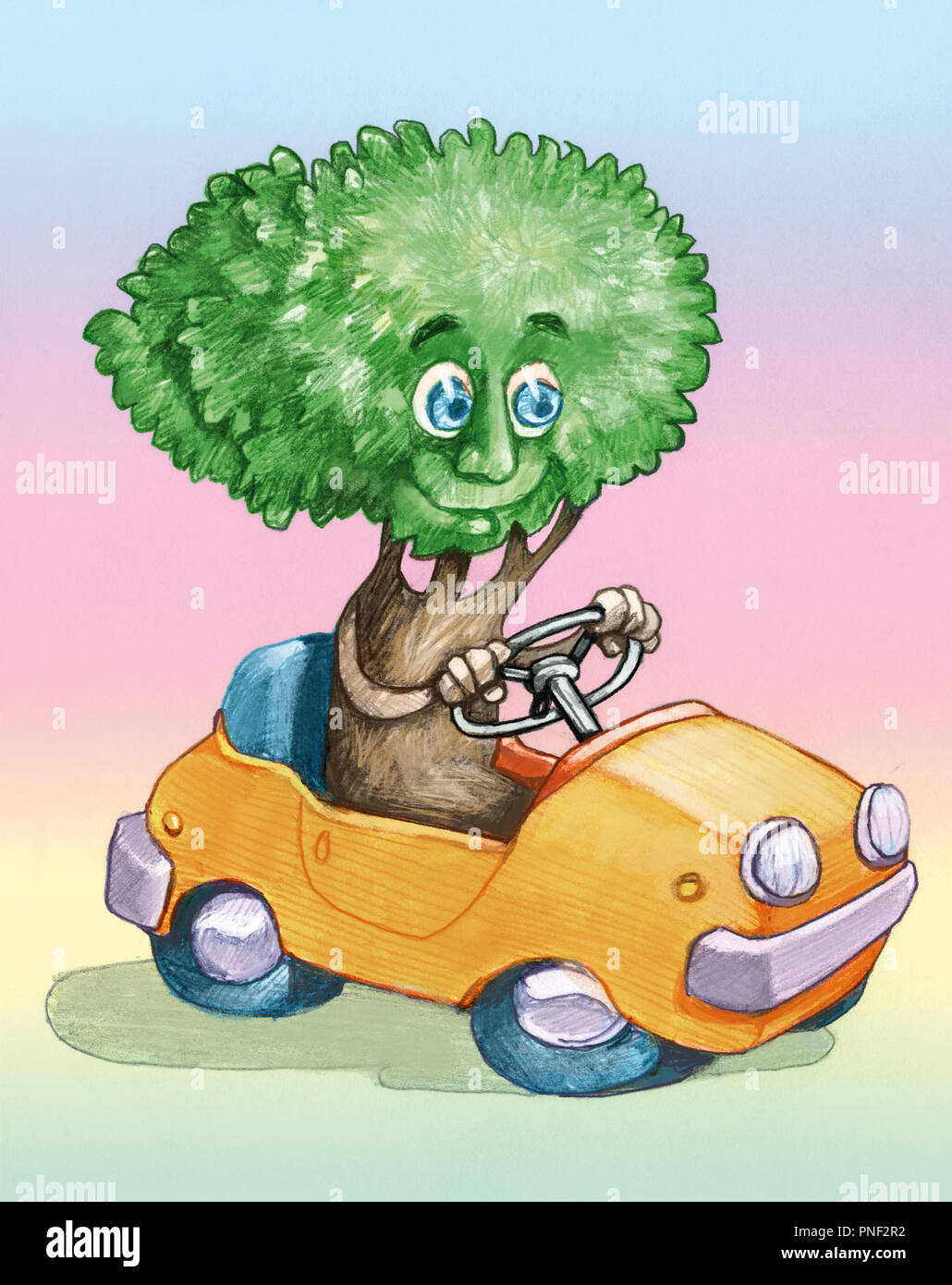 Ho felicemente impianto bella guida un auto che non inquinano umorismo illustrazione a matita Foto Stock