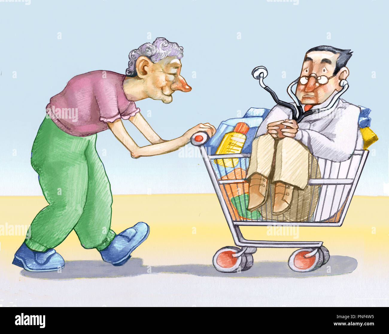 Donna anziana spinge schopping carrello con interno medicinali nappers e un medico umorismo disegnare Foto Stock