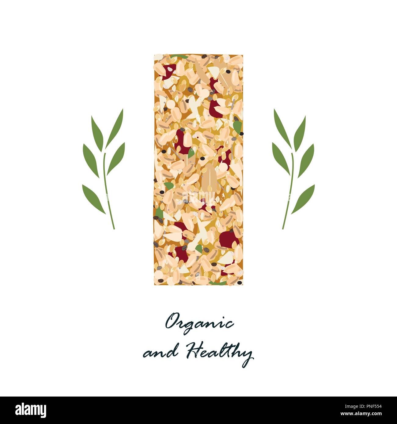 Granola bar isolato su bianco. Snack sani con lino, sezame e i semi di girasole e con frutta secca. Barra di energia vettore, organici e cibo sano Illustrazione Vettoriale