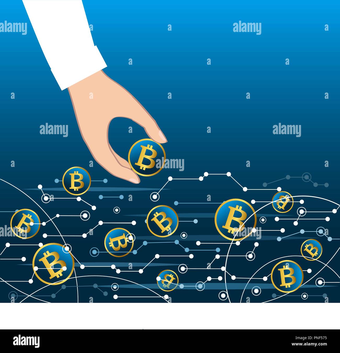 Come ottenere denaro dal flusso virtuale, bitcoin concetto aziendale. Mano azienda bitcoin moneta da net. Illustrazione Vettoriale Illustrazione Vettoriale