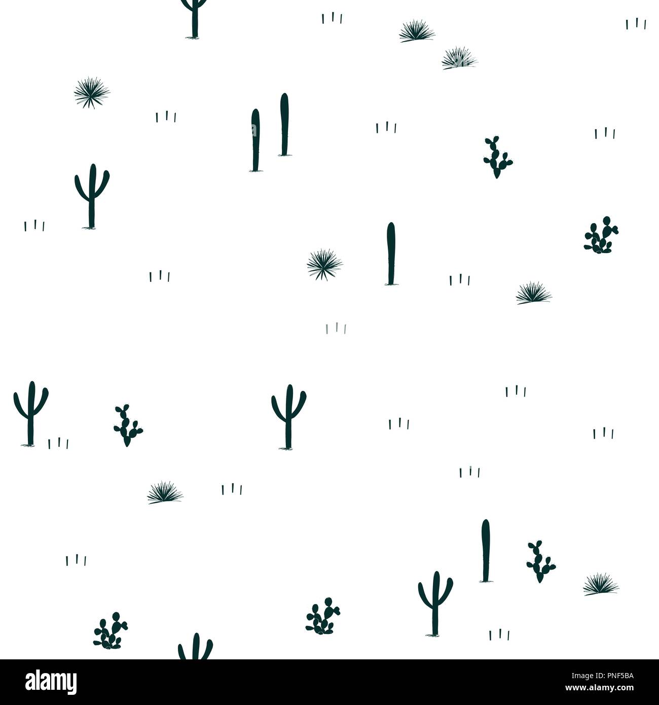 Disegnato a mano modello senza giunture. Poco saguaro, agavi, ed opuntia cactus su sfondo bianco. .Design carino per i tessili, sfondi, kids industria. Ve Illustrazione Vettoriale