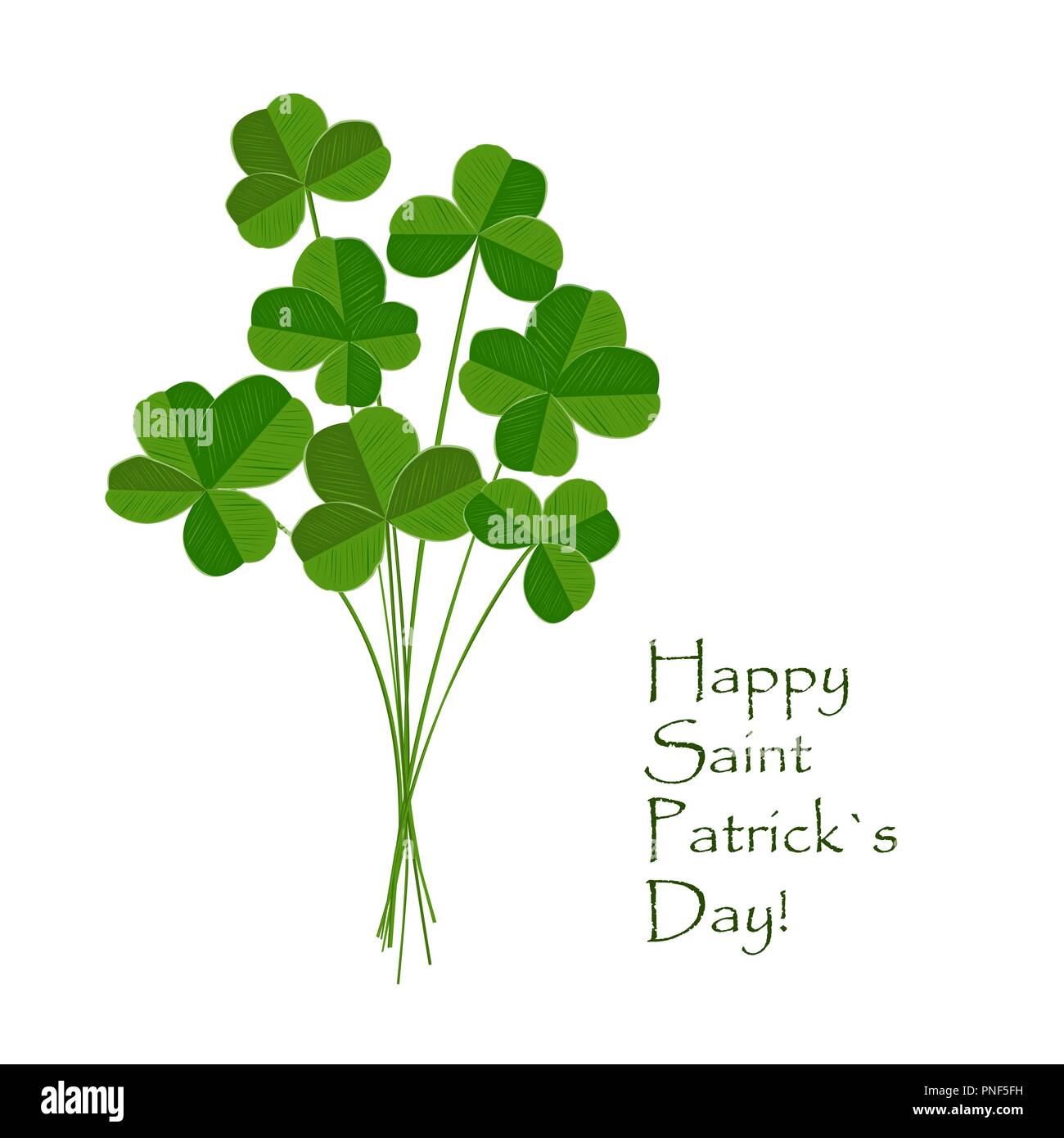 Trifoglio verde bouquet con quarterfoil trefoilon e foglie su sfondo bianco. St Patrick day greeting card. Irlandese. Vettore illustrazione piana. Illustrazione Vettoriale