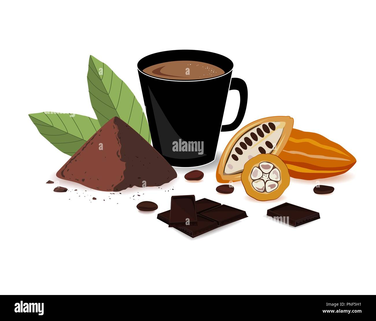 Banner luminosi con bevanda di cacao, cacao in polvere, barra di cioccolato, le fave di cacao, cacao e frutti. Stampa, modello, elemento di design per il confezionamento e advertis Illustrazione Vettoriale