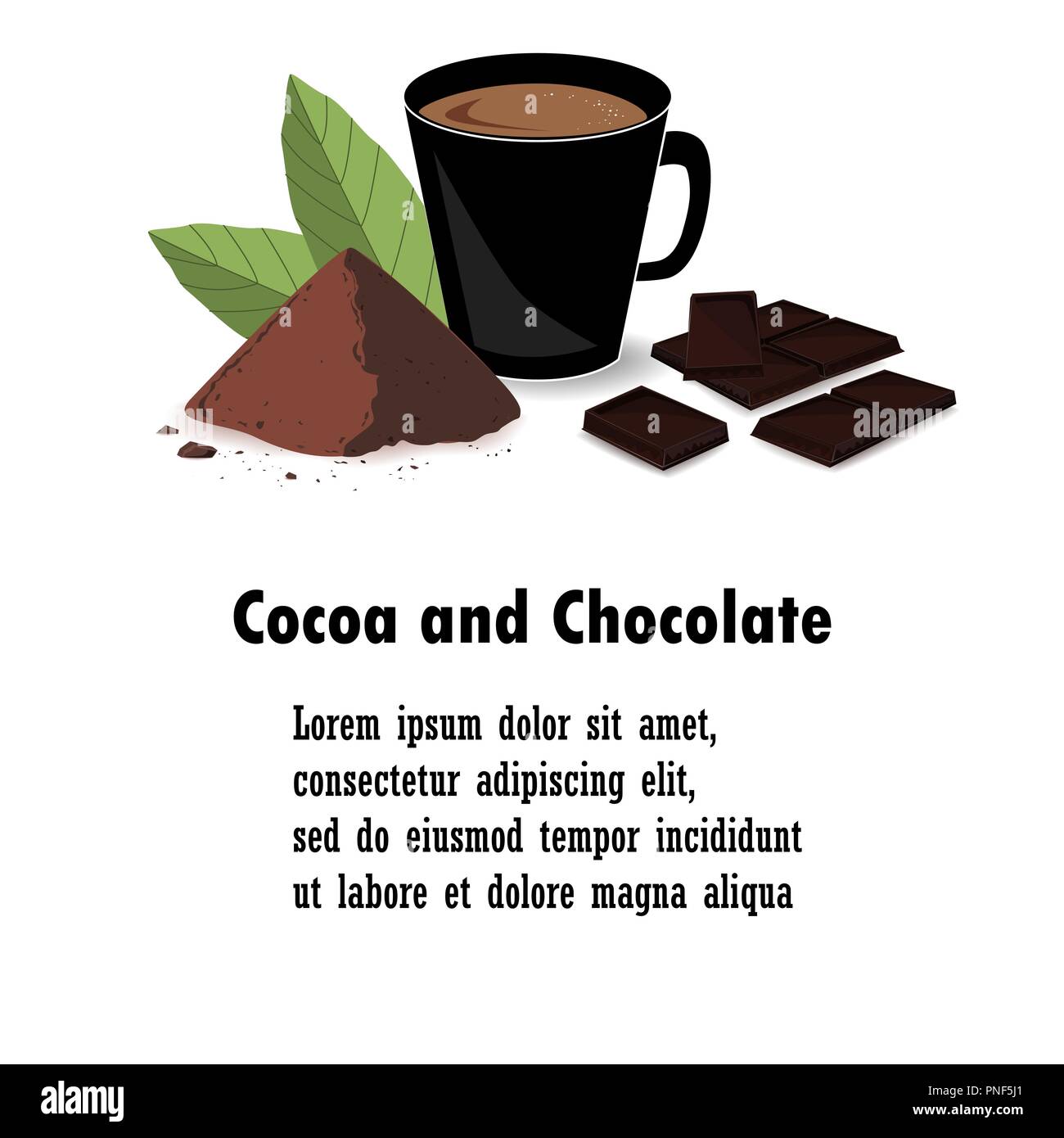 Banner con foglie di cacao, cacao in polvere, barra di cioccolato e cacao tree flower. Stampa, modello, elemento di design per il confezionamento e la pubblicità. Il vettore Illustrazione Vettoriale