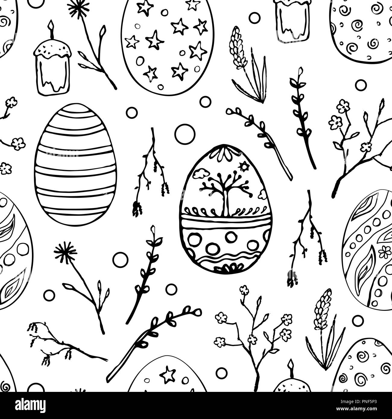 Seamless pattern di Pasqua con doodle uova ornamentali e motivi floreali. Vintage vacanze di primavera sullo sfondo. Bianco e nero sketch. Disegnato a mano il vettore Illustrazione Vettoriale
