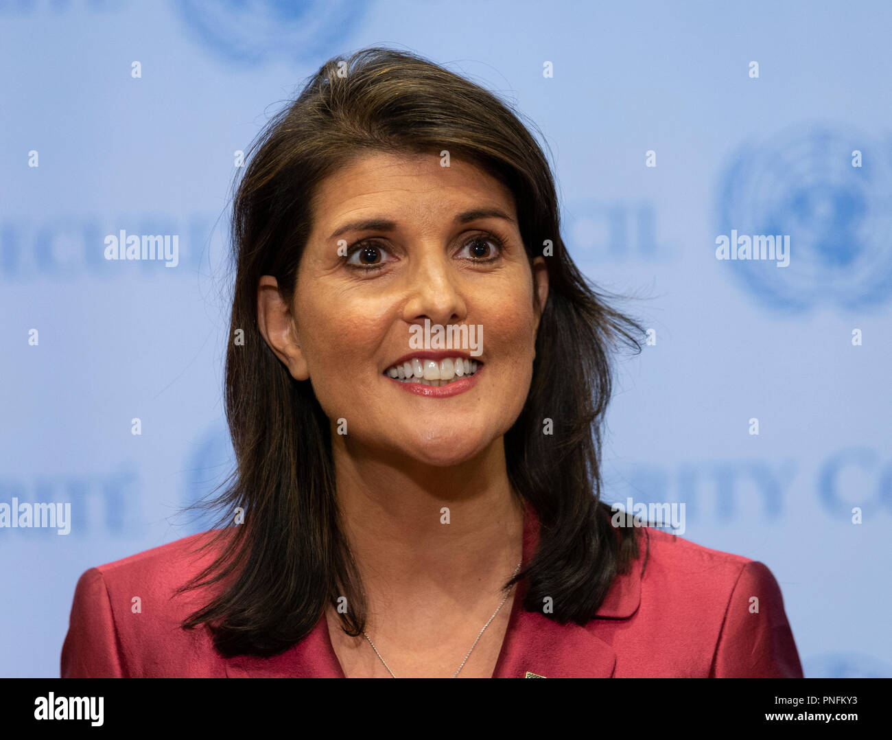 New York, Stati Uniti d'America - 20 Settembre 2018: Ambasciatore Nikki Haley noi rappresentante permanente presso le Nazioni Unite di mutandine su di noi le priorità per la 73a Assemblea generale delle Nazioni Unite la settimana ad alto livello presso la sede delle Nazioni Unite Credito: lev radin/Alamy Live News Foto Stock