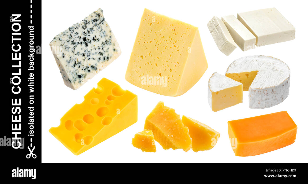 Vari tipi di formaggio. Il Cheddar, parmigiano, emmental, blu, formaggio camembert, feta isolati su sfondo bianco Foto Stock