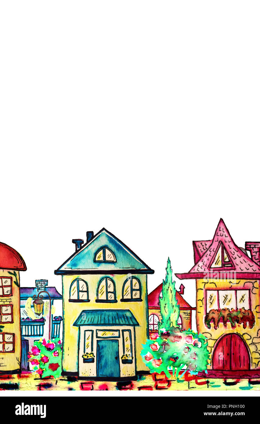 Disegnata a mano acquerello street confine con diverse case, albero, e lampada su uno sfondo bianco. Illustrazione raster Foto Stock