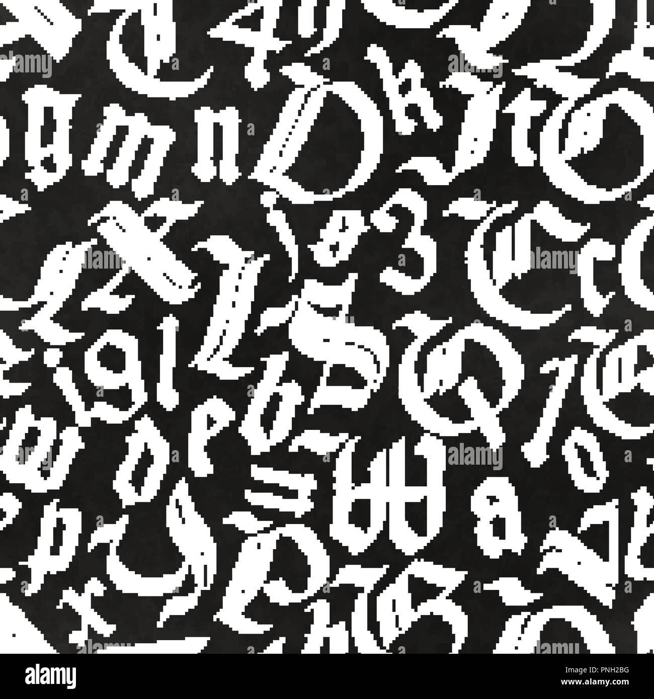 Un sacco di disegnati a mano lettere gotiche disegno con gesso bianco su nero Lavagna, calligrafia modello senza giunture Illustrazione Vettoriale