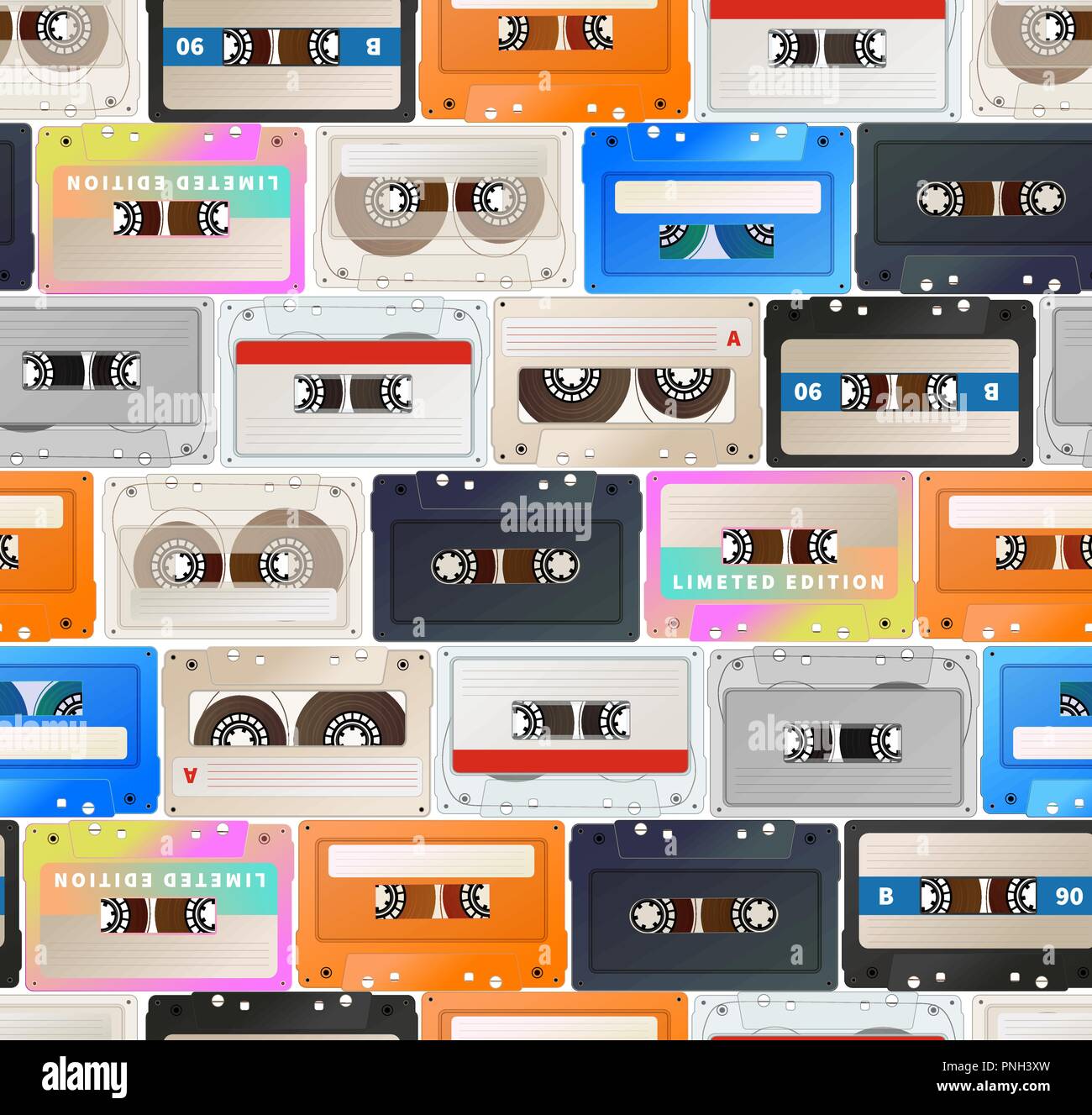 Colorato dettagliata cassette audio in una fila, nastro vintage retrò pattern senza giunture Illustrazione Vettoriale