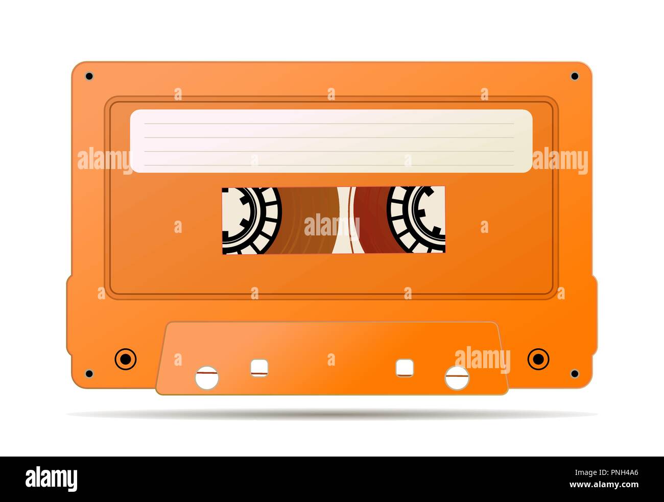 Arancione realistica della cassetta audio con il nastro magnetico, oggetto vintage su bianco Illustrazione Vettoriale