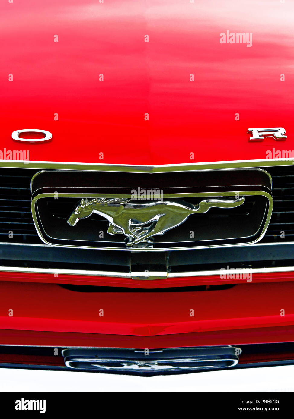Vintage red Ford Mustang logo e dettagli di cavallo Foto Stock