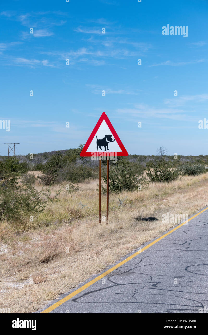 Warthog cartello stradale, Namibia Africa Foto Stock