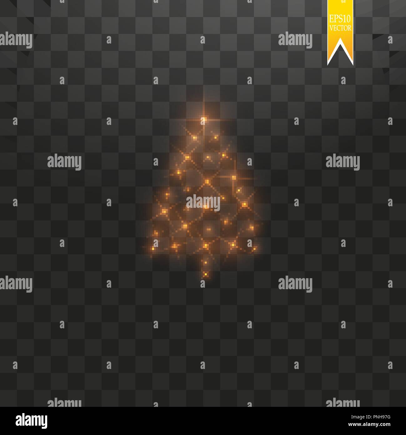 Albero di Natale fatto. Oro glitter bokeh luci e bagliori. Stella splendente, particelle di Sun e le scintille con lente effetto flare su sfondo trasparente Illustrazione Vettoriale