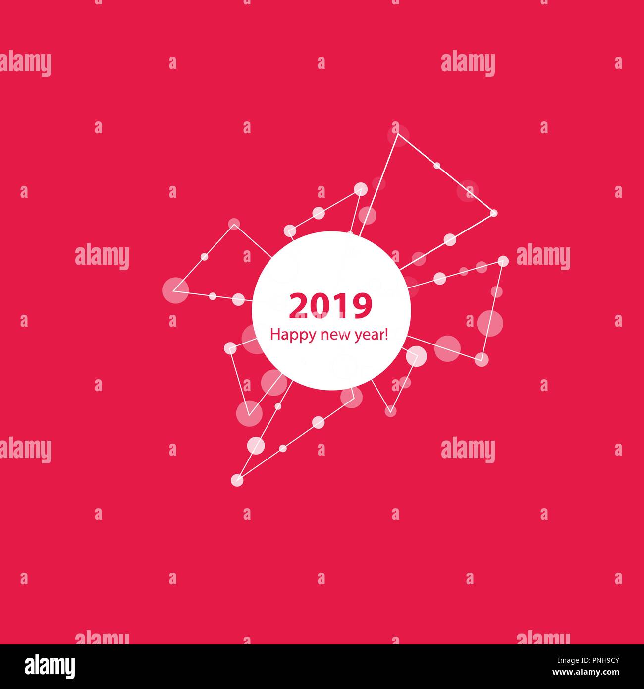 2019 Anno Nuovo illustrazione fatta da punti e linee, poligonale mesh wireframe su sfondo rosa. Vettore. Illustrazione Vettoriale