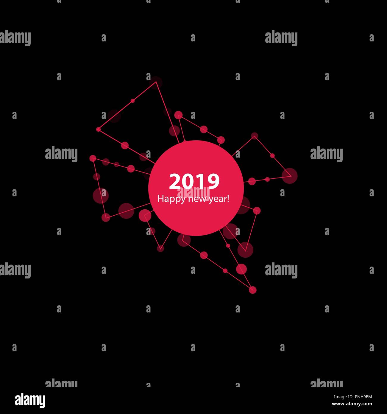 2019 Anno Nuovo illustrazione fatta da punti e linee, poligonale mesh wireframe su sfondo nero. Vettore. Illustrazione Vettoriale