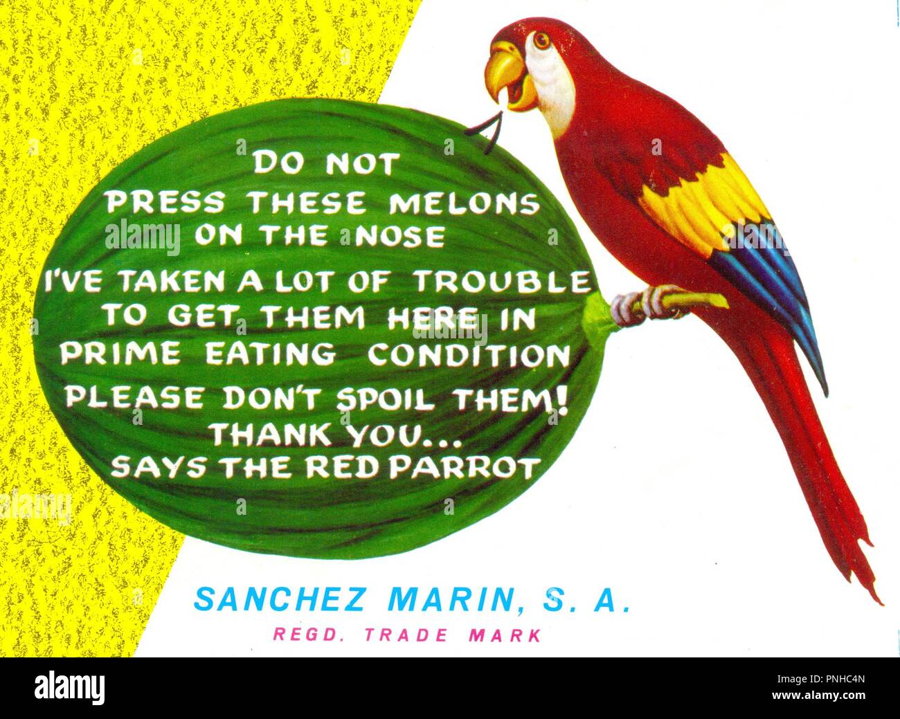 Le etichette dei prodotti alimentari dotati di pappagalli circa 1965 Foto Stock