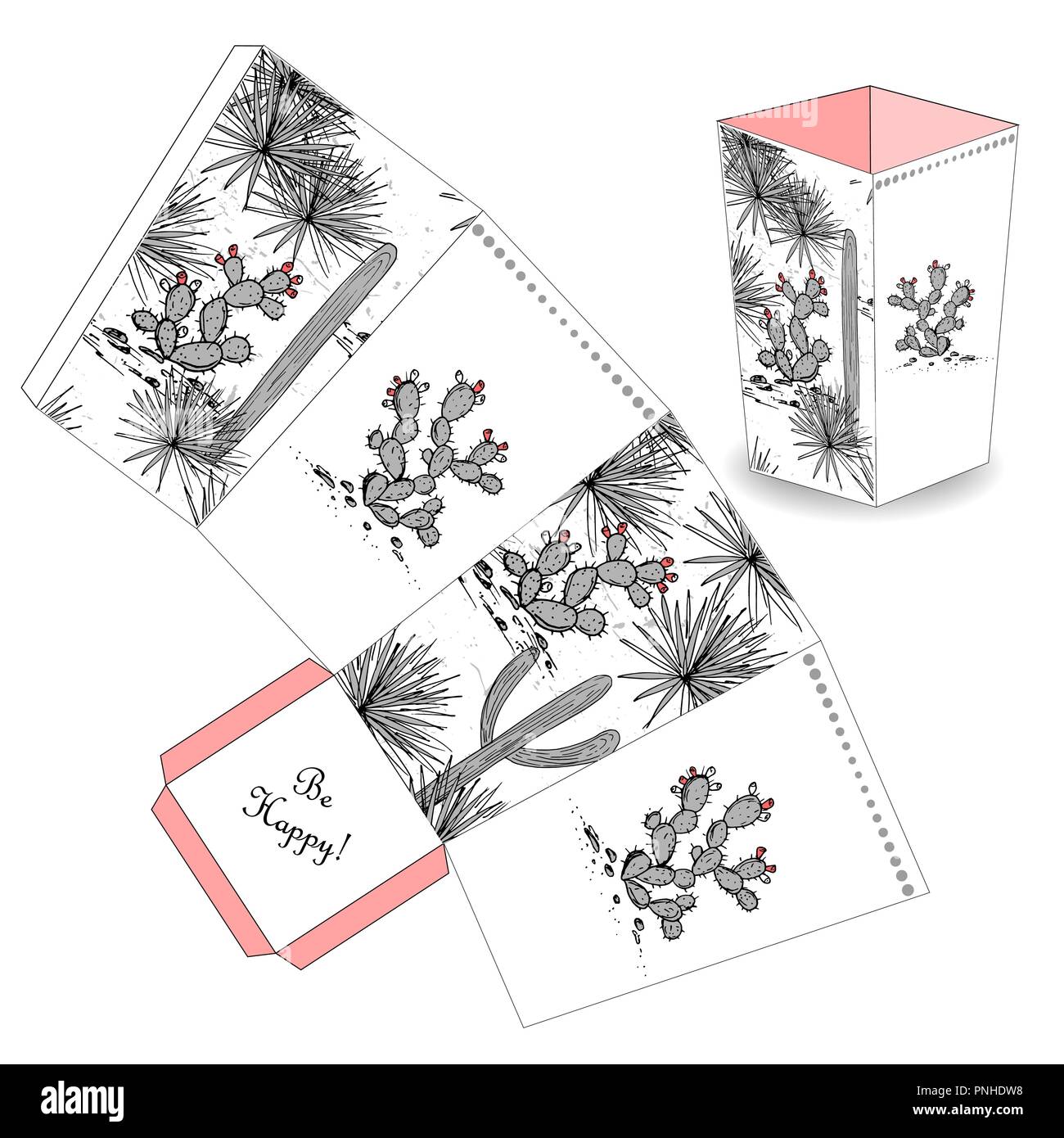 Carino il popcorn box con mano bozzetto cactus, fichidindia e saguaro. Favore, confezione regalo. Basta stampare, tagliare e incollare insieme. Template vettoriale Illustrazione Vettoriale