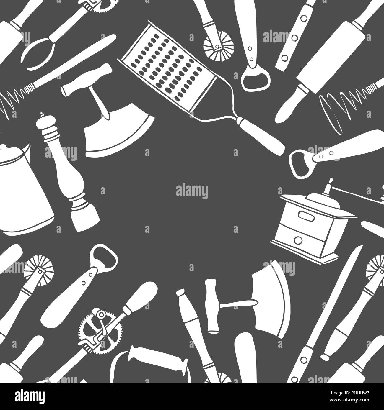 Sfondo di utensili da cucina set. Vettore grande collezione disegnata a mano illustrazione con utensili da cucina. Utensile e cottura. Stoviglie sketch. Retro Illustrazione Vettoriale