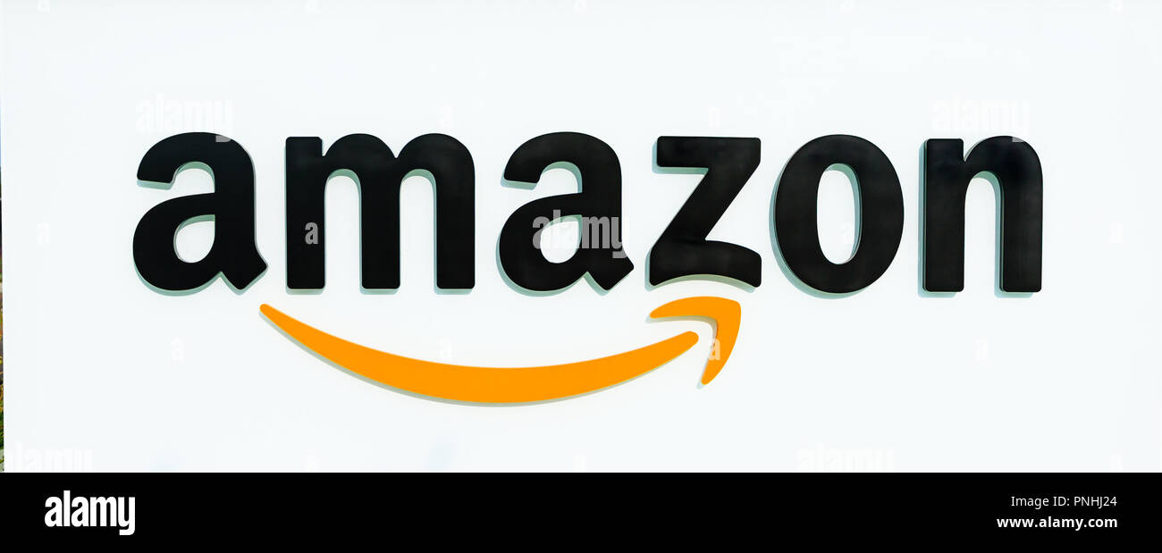Sunnyvale, California, Stati Uniti d'America - 13 agosto 2018: vista dettagliata del Logo di Amazon segno in modo Enterprise, il Grande campus di Amazon a Sunnyvale, Silicon Valley. Amazon è leader nel commercio elettronico. Foto Stock