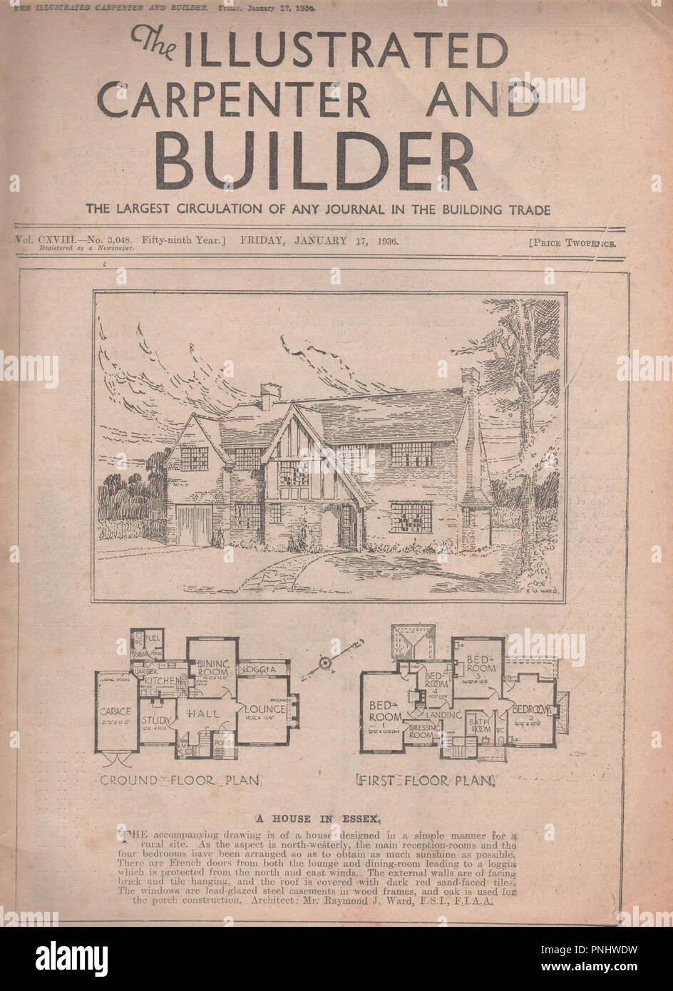 Il Vintage illustrato falegname e Builder magazine datato 17 gennaio 1936 un settimanale popolare edilizia magazine pubblicato per la prima volta nel 1877 e corse a 1971. La figura mostra una simulazione di tudor home in Essex dalla metà degli anni trenta insieme con planimetrie dell'architetto Raymond J. Ward Foto Stock