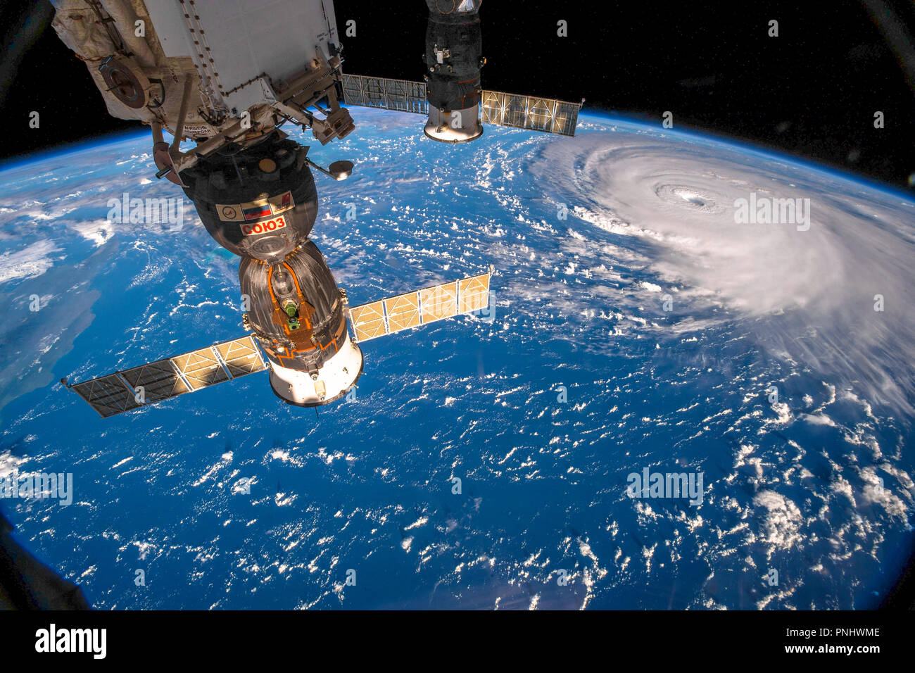 L'uragano Florence visto dallo spazio dalla ISS ( Stazione Spaziale Internazionale). Questa immagine è una dispensa della NASA. Foto Stock