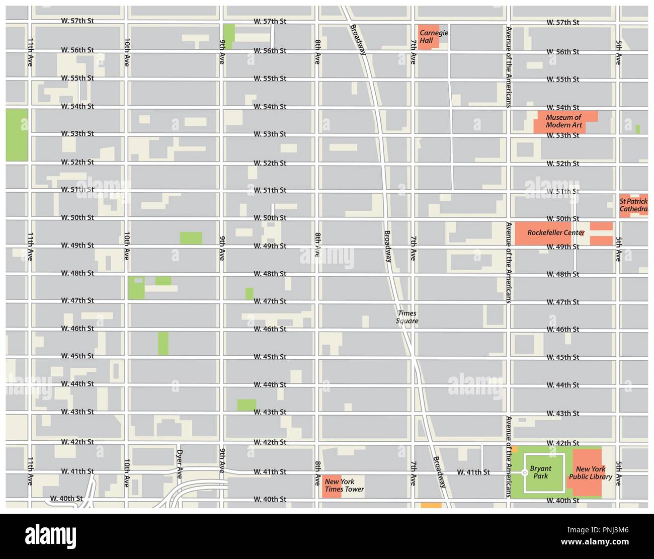New York City, il quartiere del teatro, Midtown Manhattan mappa vettoriale. Illustrazione Vettoriale