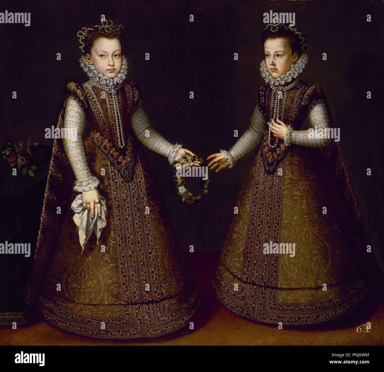 'L'Infantas Isabel Clara Eugenia e Catalina Micaela" ca. 1575, olio su tela, 135 cm x 149 cm, P01138. Autore: Sanchez Coello, Alonso. Posizione: Il MUSEO DEL PRADO-PINTURA. MADRID. Spagna. Foto Stock