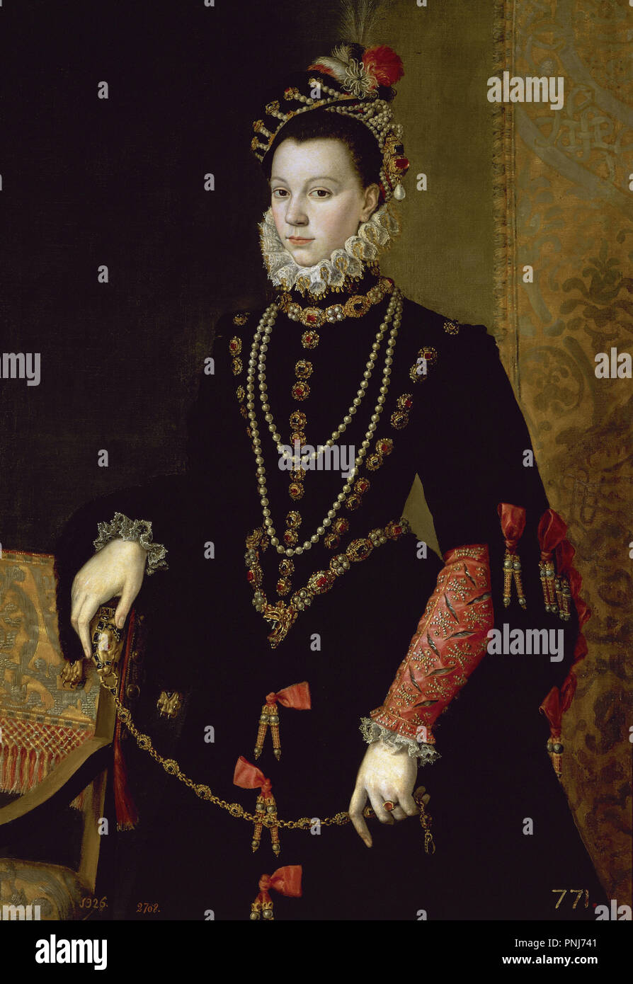 'La regina Isabel de Valois, la terza moglie di Felipe II", ca. 1605, olio su tela, 120,1 cm x 84 cm, P01030. Autore: PANTOJA DE LA CRUZ, Juan. Posizione: Il MUSEO DEL PRADO-PINTURA. MADRID. Spagna. Foto Stock