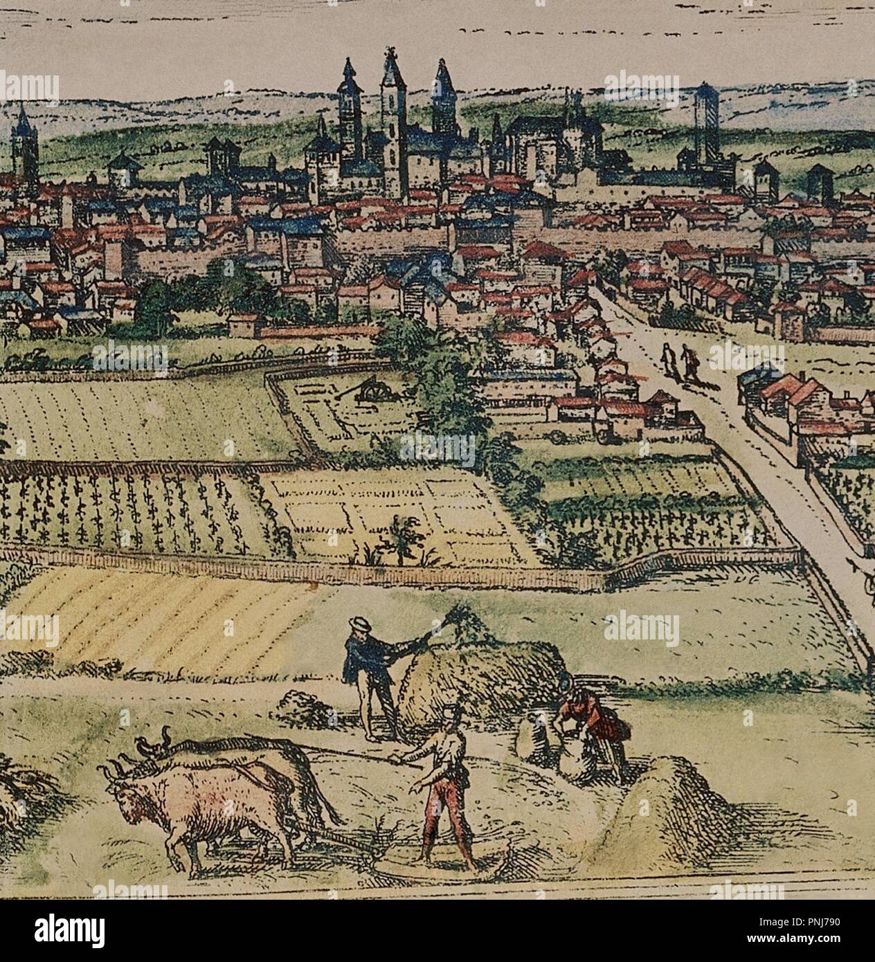 CIVITATES orbis terrarum - Valladolid - DETALLE DE UNOS AGRICULTORES TRILLANDO - GRABADO - siglo XVI - (CONJ 3061). Autore: BRAUN GEORG 1541-1622 / HOGENBERG FRANS. Posizione: Biblioteca Nacional-COLECCION. MADRID. Spagna. Foto Stock