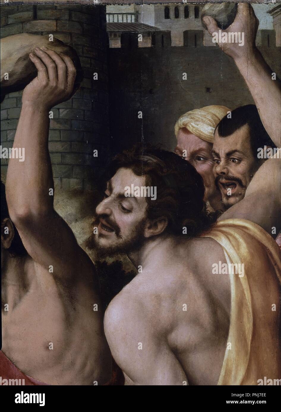 "Il martirio di Santo Stefano" (dettaglio), ca. 1562, Scuola di Spagnolo, olio su pannello, P00841. Autore: JUANES, JUAN DE. Posizione: Il MUSEO DEL PRADO-PINTURA. MADRID. Spagna. Foto Stock