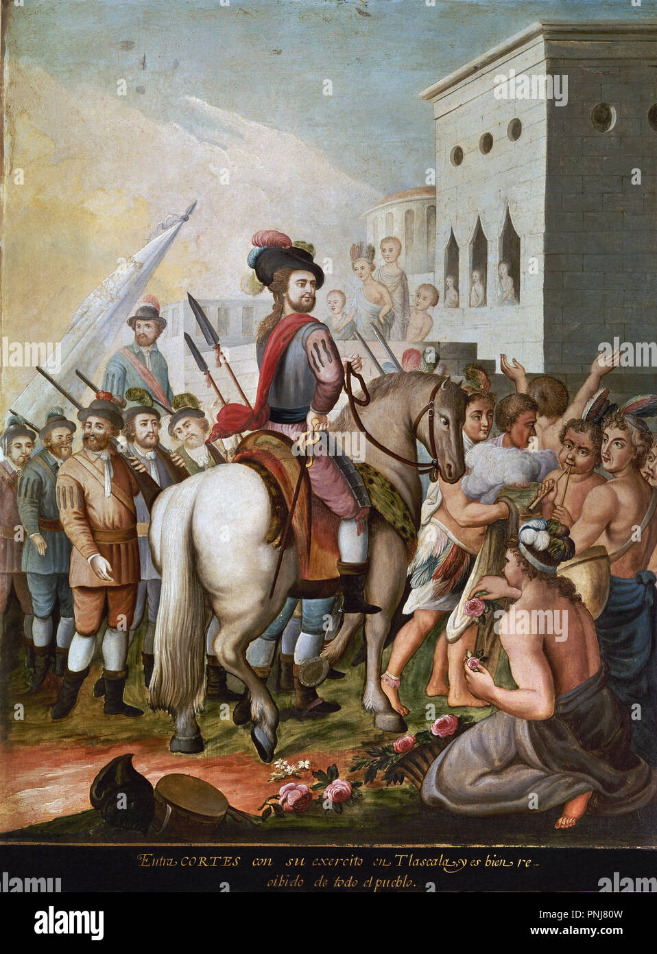 Conquista del Messico. Cortés entrando in Tlaxcala con il suo esercito. 1519-1521. Dipinti su rame. Il XVIII secolo. Madrid, America museum. Autore: anonimo. Posizione: MUSEO DE AMERICA-COLECCION. MADRID. Spagna. Foto Stock