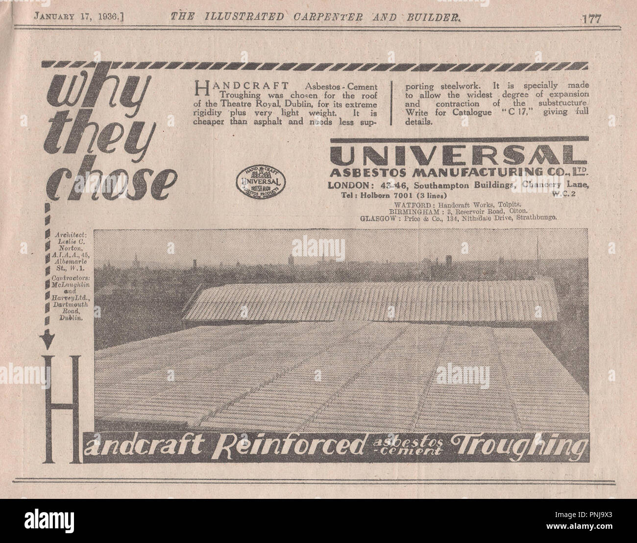 Vintage annuncio pubblicitario per il cemento-amianto troughing (copertura) prodotta dall'amianto universale Manufacturing Company Ltd con sede in Chancery Lane Holborn Londra. L'annuncio apparso nella illustrata falegname e Builder magazine datata 17 gennaio 1936. La società è stata acquistata da amianto del capo azienda nel 1960 Amianto era usato in cemento come un agente legante prima che divenne noto per le sue proprietà cancerogene. Foto Stock