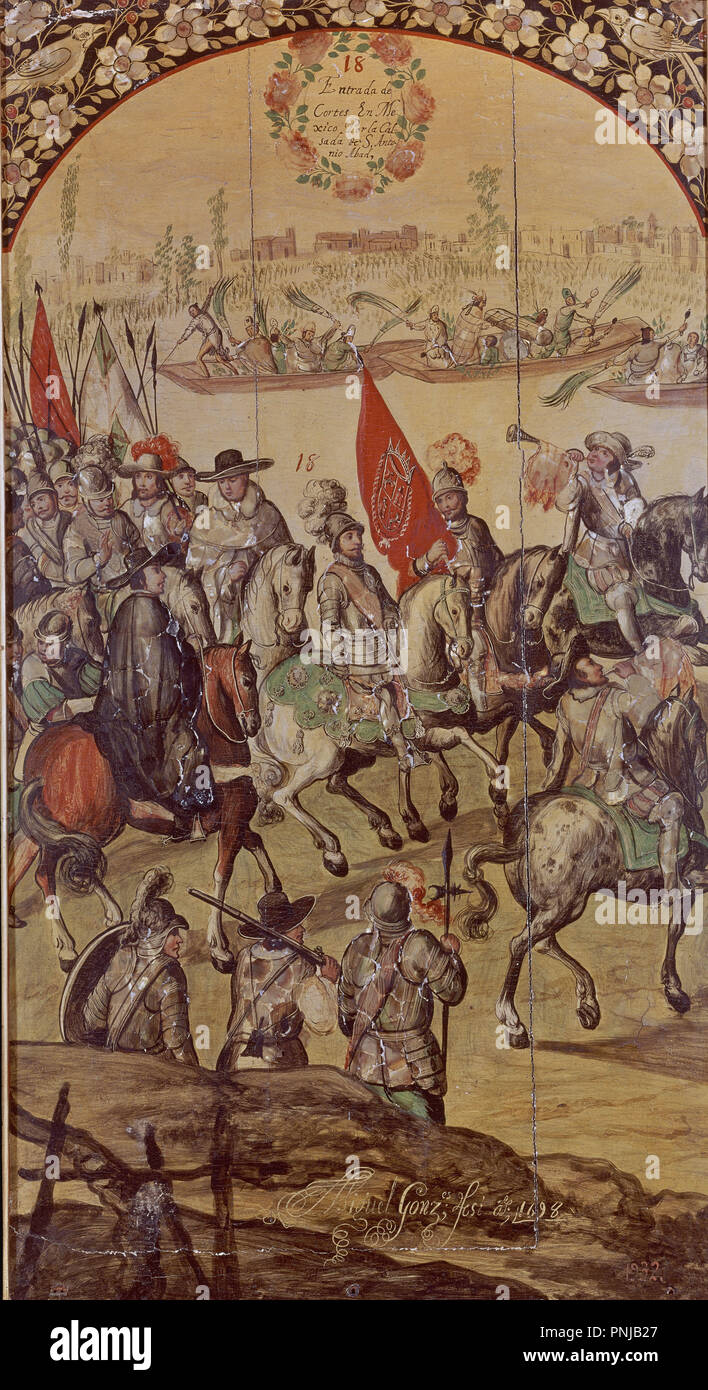 L incontro tra Hernando Cortes e Montezuma - 1698 - olio su pannello. Autore: GONZALEZ MIGUEL / GONZALEZ JUAN. Posizione: MUSEO DE AMERICA-COLECCION. MADRID. Spagna. Foto Stock