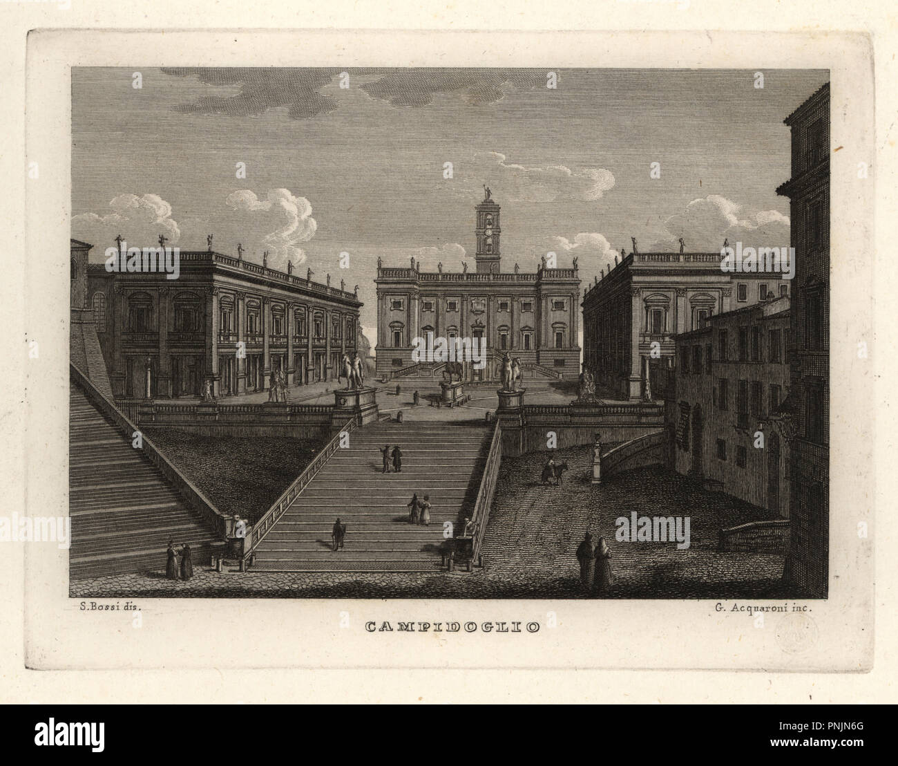 Vista del Campidoglio, Campidoglio, Roma, con il Palazzo Senatorio. Incisione su rame di G. Acquaroni dopo una illustrazione da Sylvestro Bossi da Achille Parboni la nuova raccolta delle principali vedute antiche e moderne della città di Roma, 1830. Foto Stock