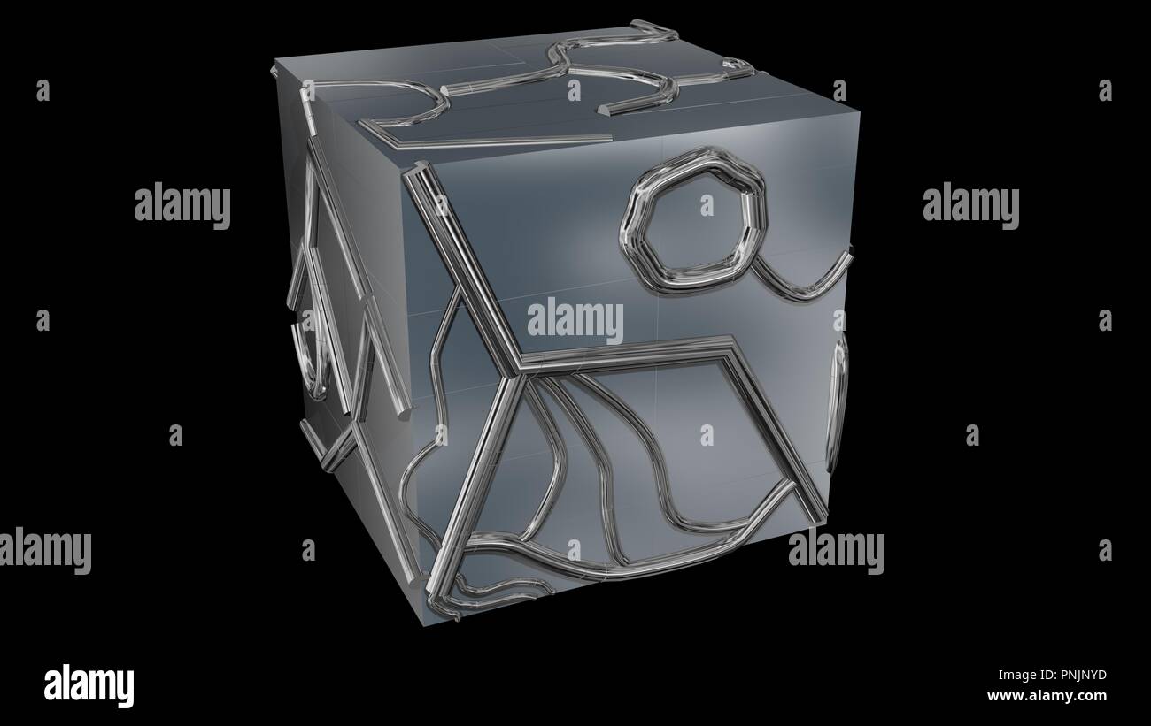 Geometria 3d techno cube.Chrome cubo. Il rendering 3d. Foto Stock