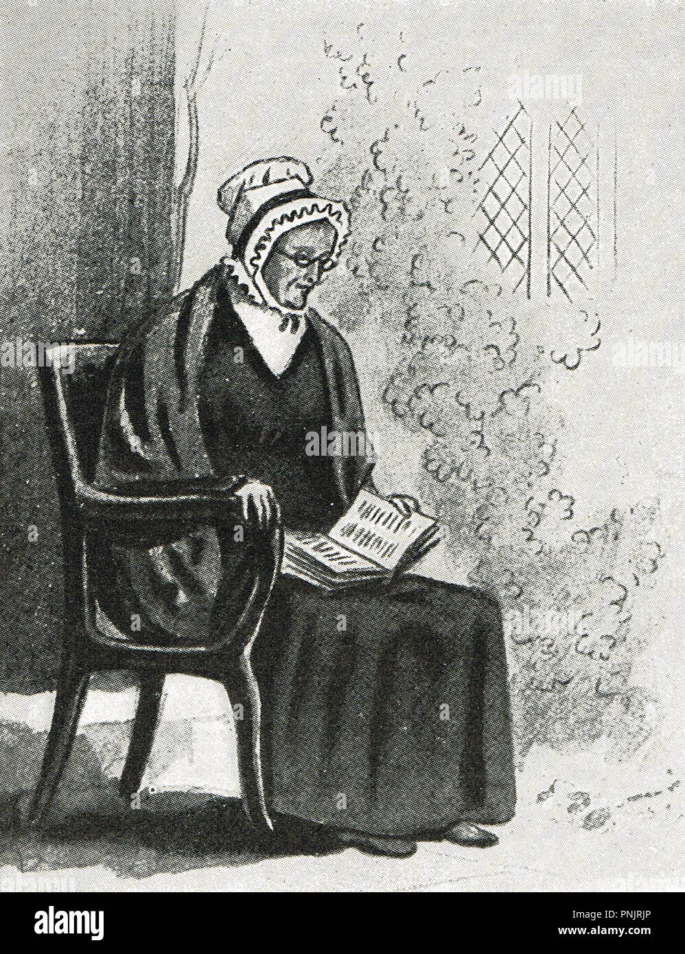 Un disegno dalla Principessa Victoria, poi regina Victoria, di una vecchia signora seduta, la lettura di un libro, ricavati dal suo all'età di 12, circa 1831 Foto Stock