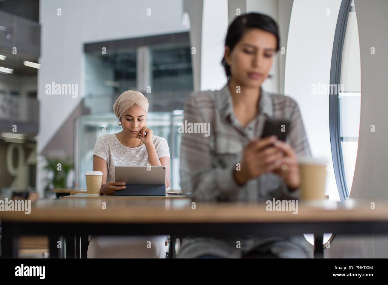 Imprenditrice musulmana utilizzando una tavoletta digitale in un cafe Foto Stock