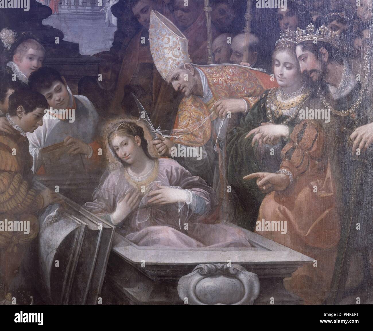 DETALLE DE LA RESURRECCION DE SANTA LEOCADIA - (303 -?)- RIUNIONE DE RECESVINTO Y SAN ILFEDONSO - siglo XVII - PINTURA SEVILLANA. Autore: ROELAS, JUAN DE LAS. Posizione: OSPEDALE DEL NIÑO GESÙ-DECANATO. MADRID. Spagna. Foto Stock