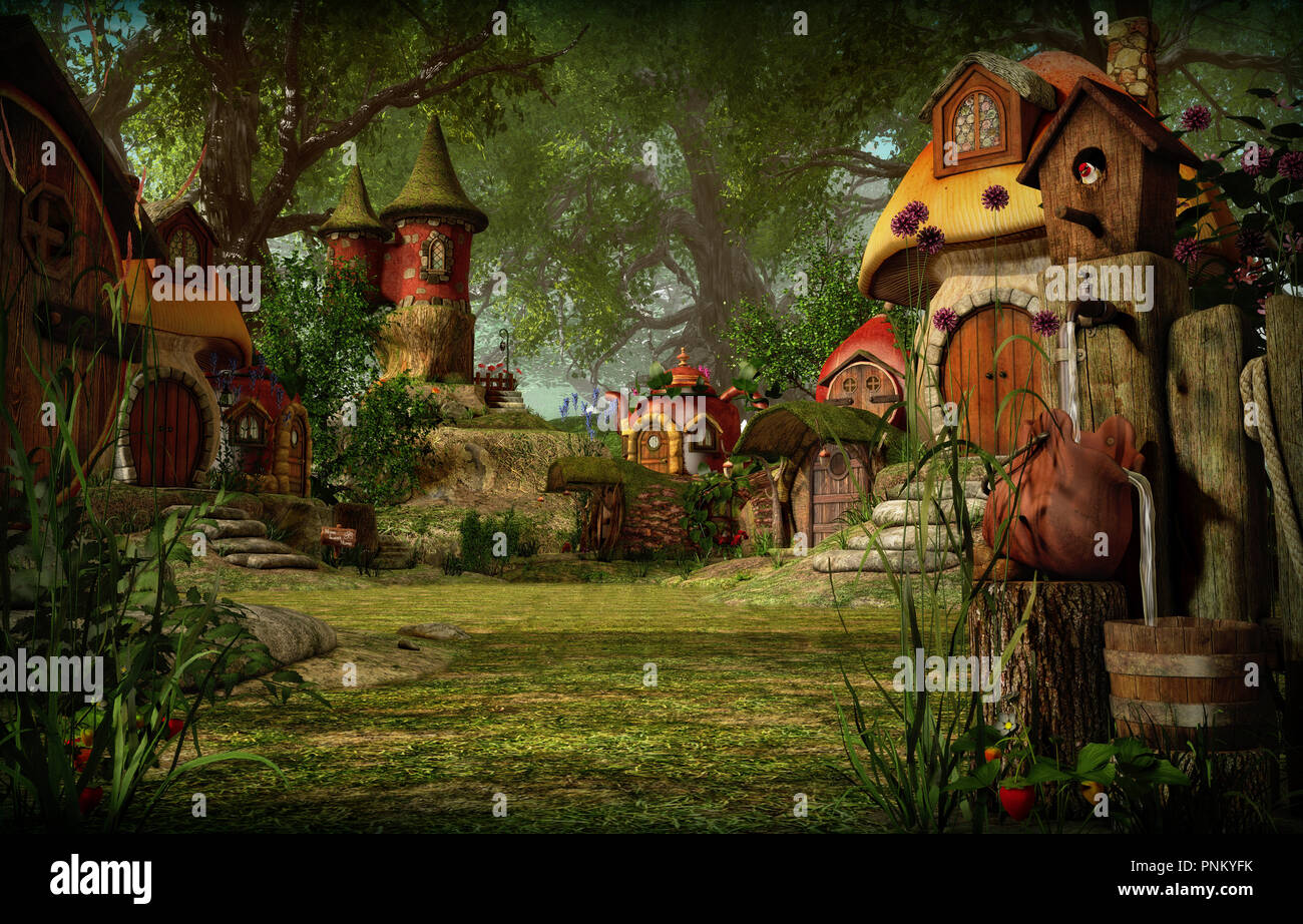 Computer grafica 3d di un villaggio di elfi cottages Foto Stock