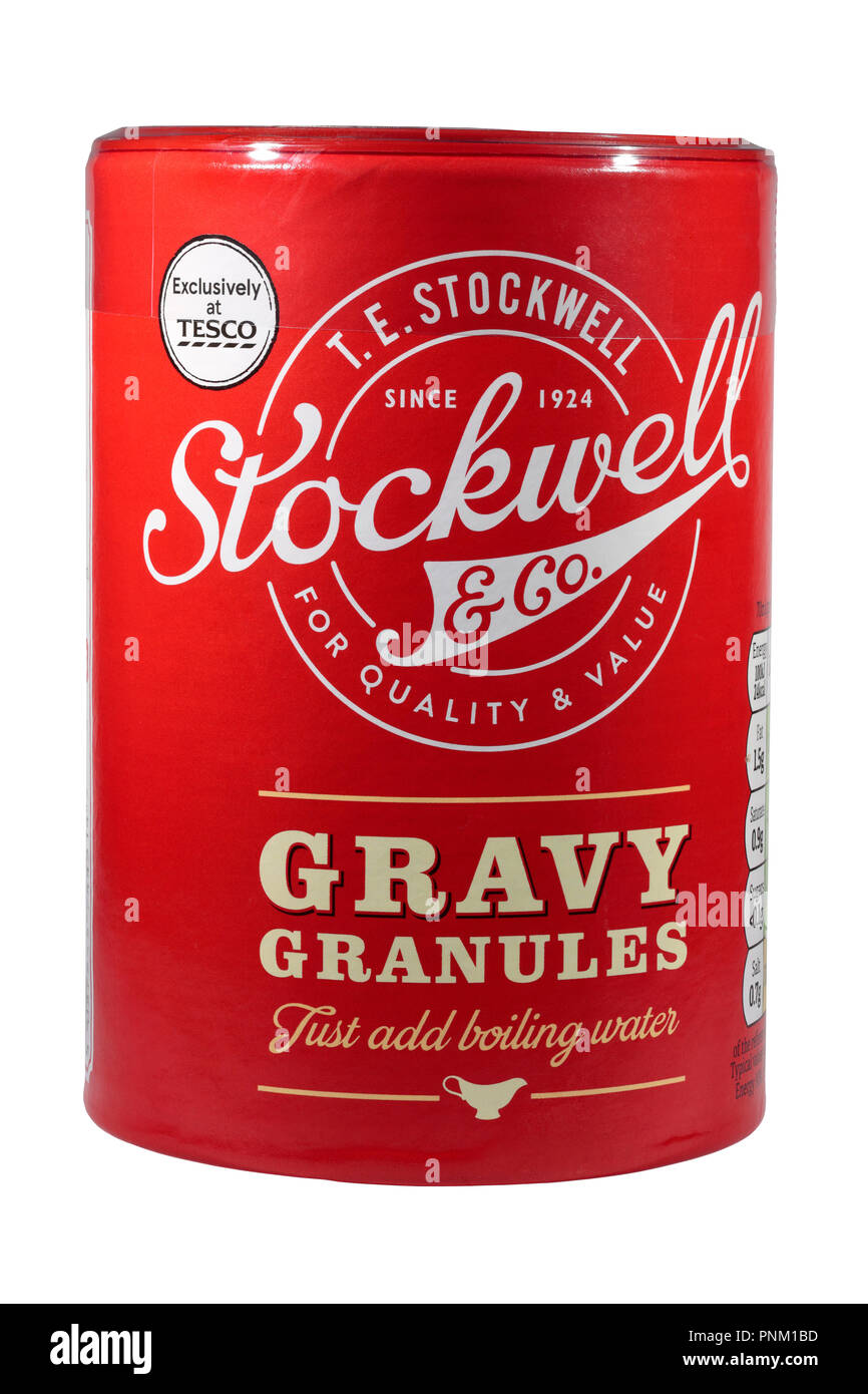 Una vasca di T.E. Stockwell & Co Gravy Granulles isolato su uno sfondo bianco esclusivamente a Tesco. Basta aggiungere acqua bollente Foto Stock